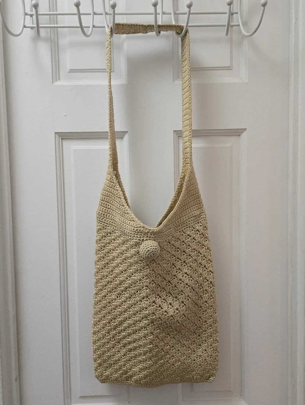 Vintage Woven Crochet Hobo Shoulder Bag Boho Tan Beige Cream Slouchy 90s Y2K